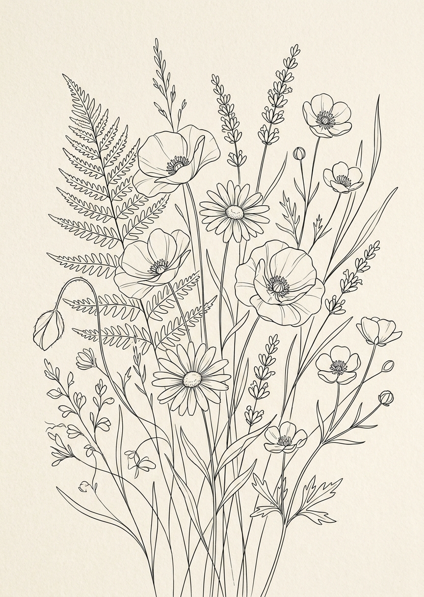 Vildblommor i tunn linjekonst – AI-poster