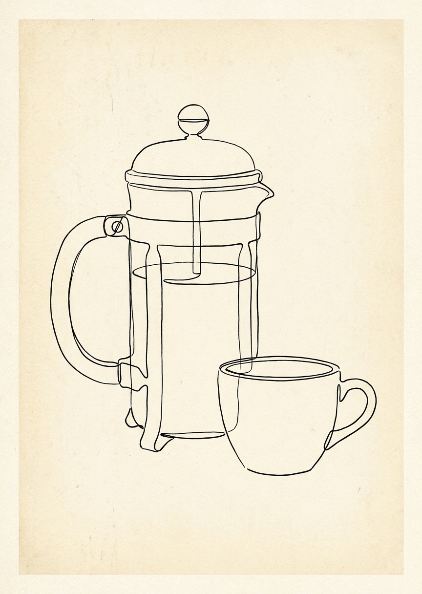 Retro kaffepress i linjekonst – AI-poster