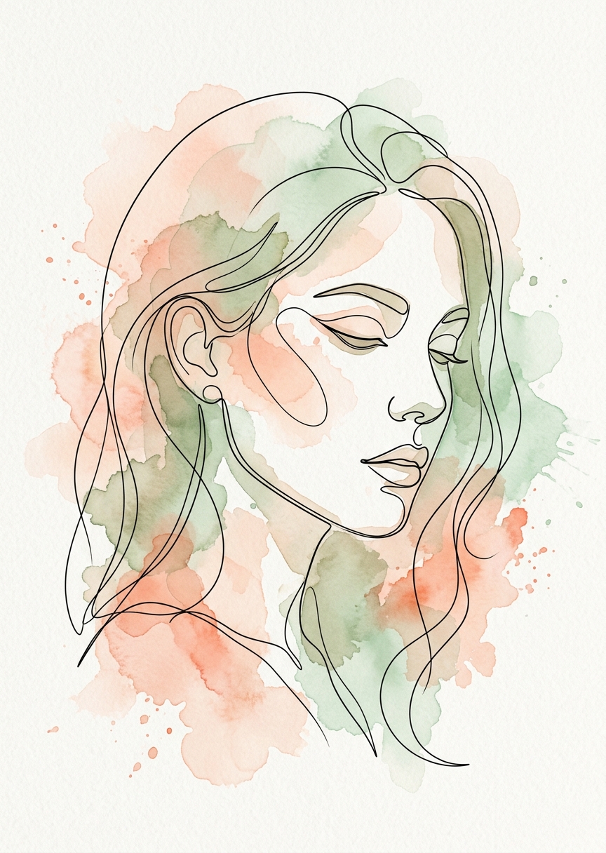 Minimalistisk line art ansiktsillustration med livfulla flerfärgade akvarellstänk i stående format på en ljus bakgrund.