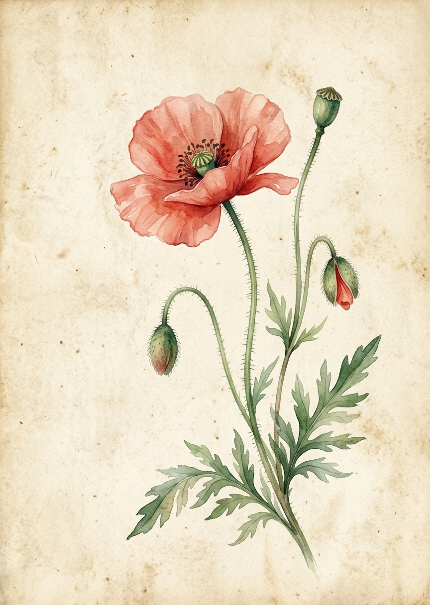 Vintage akvarellillustration av en röd vallmoblomma med delikat grön stjälk och bladverk mot ljus bakgrund.