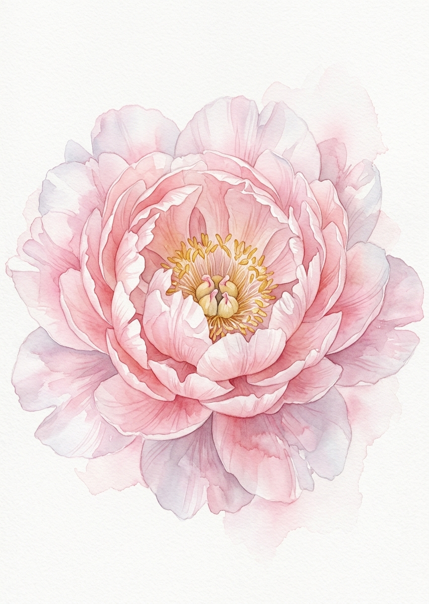 Närbild i stående format av en skir rosa pion blomma målad i en mjuk akvarellstil med ljusa pastelltoner.