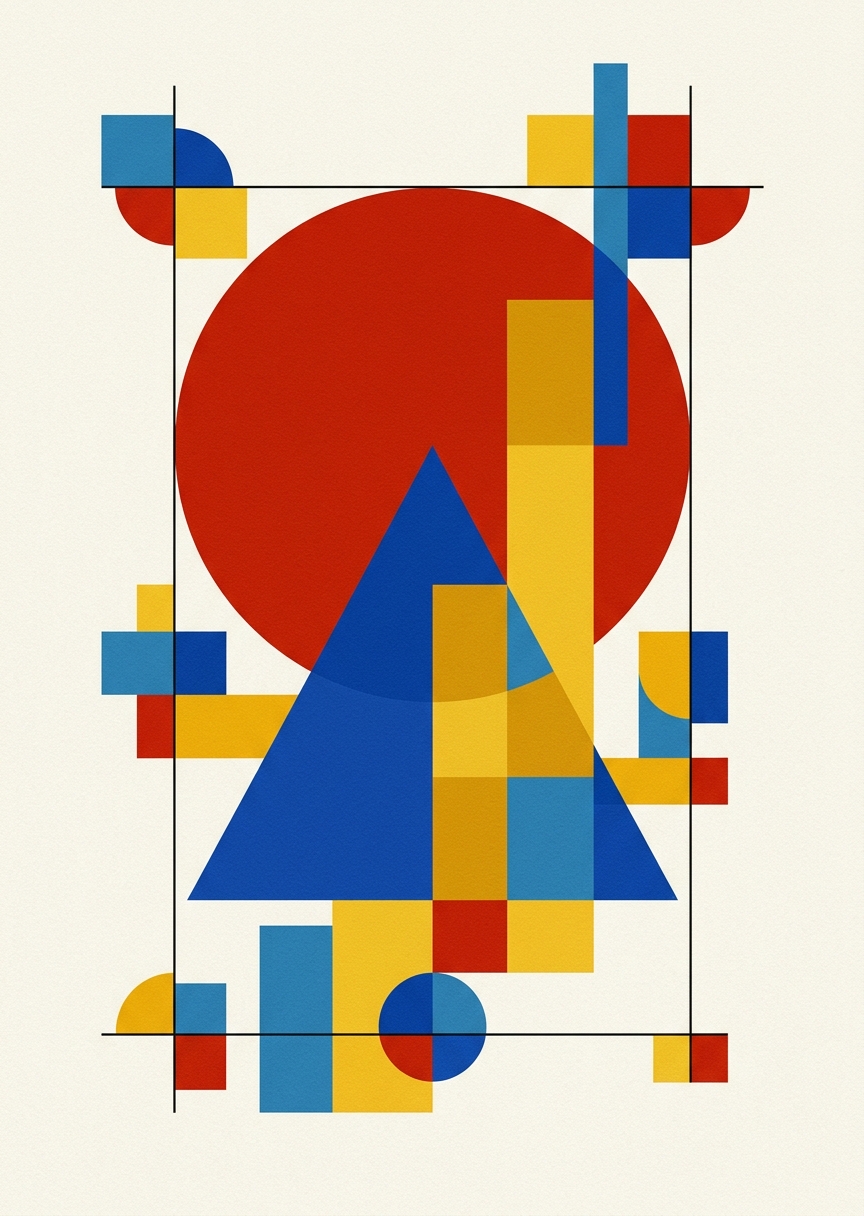 Abstrakt Bauhaus-tavla med geometriska former och linjer i rött, blått och gult på ljus bakgrund.
