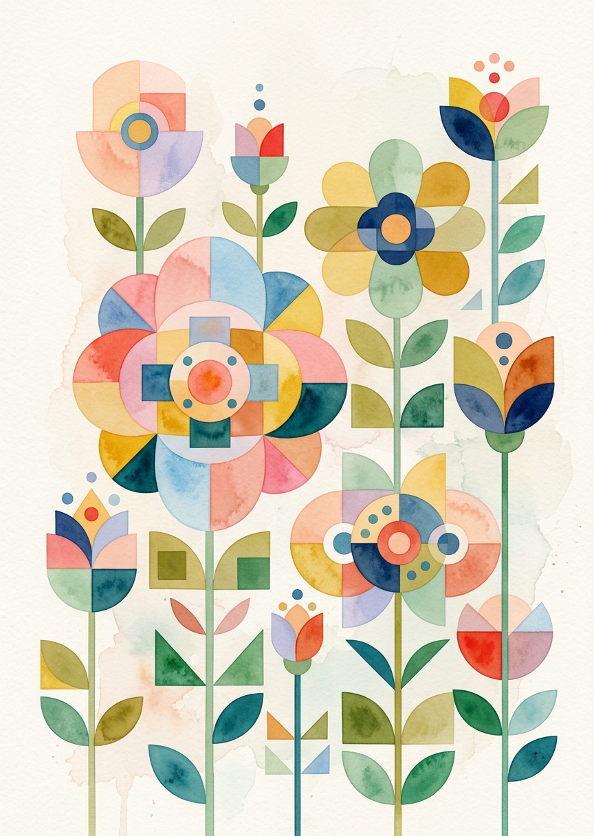Stående affisch med stiliserade geometriska blommor i akvarellmålning med livfulla flerfärgade nyanser.