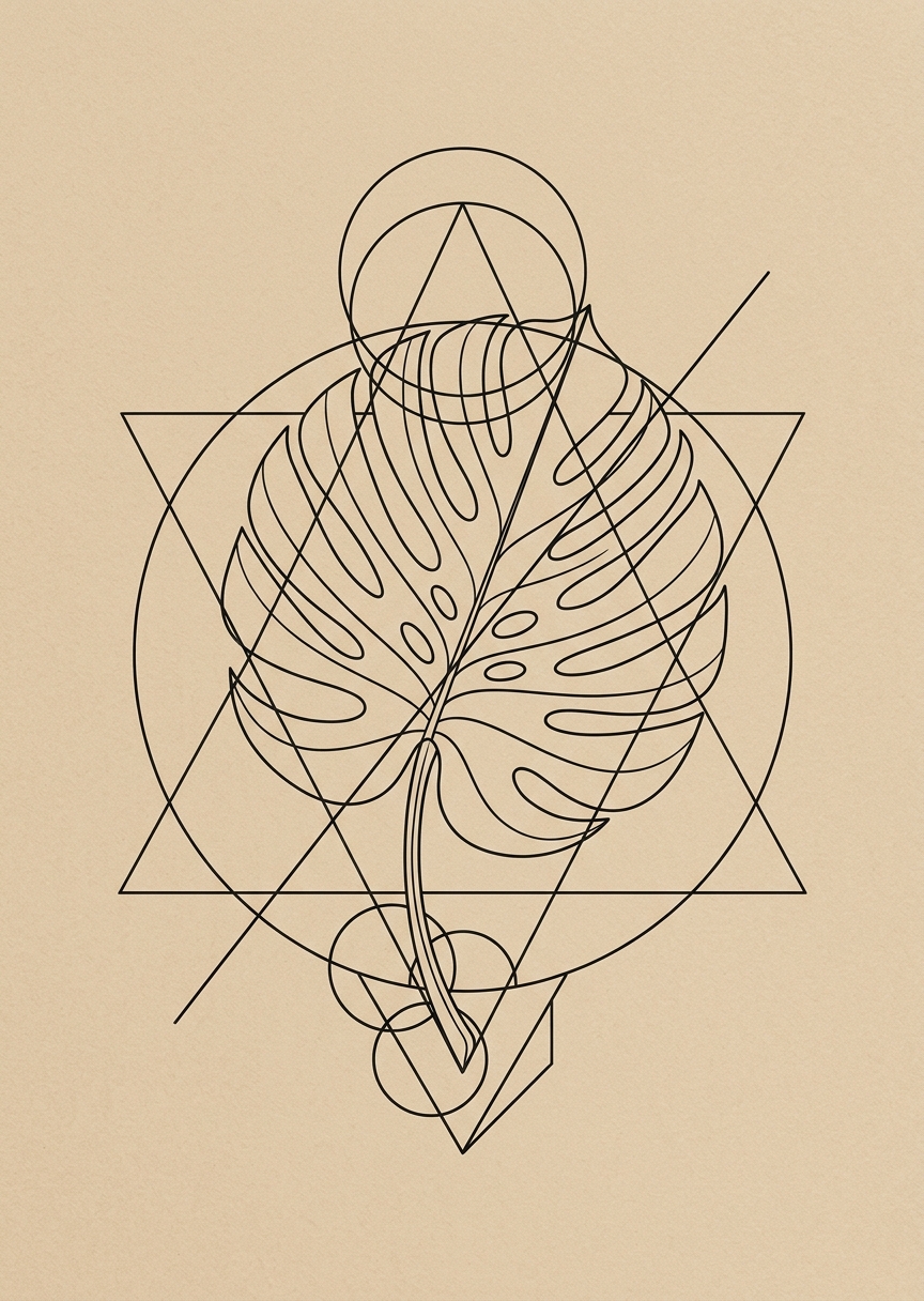 Minimalistisk vertikal affisch i svart och vitt med en stiliserad geometrisk monstera växt i tunn linjekonst.