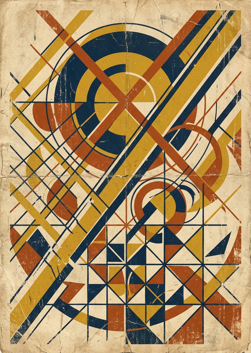 Vintage abstrakt tavla med texturerade retrogeometriska former i flertalet dämpade färger på varm bakgrund
