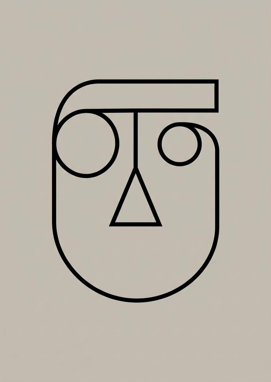 Minimalistisk svart enlinjeteckning av ett abstrakt geometriskt människoansikte mot en ljus bakgrund.