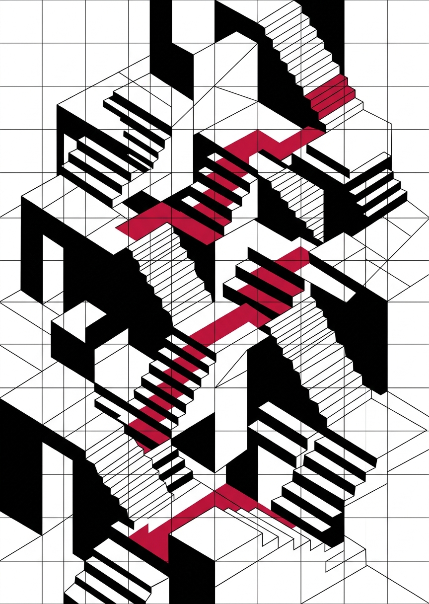 Abstrakt isometrisk trappa som skapar en optisk illusion i slående nyanser av rött och djupt svart.