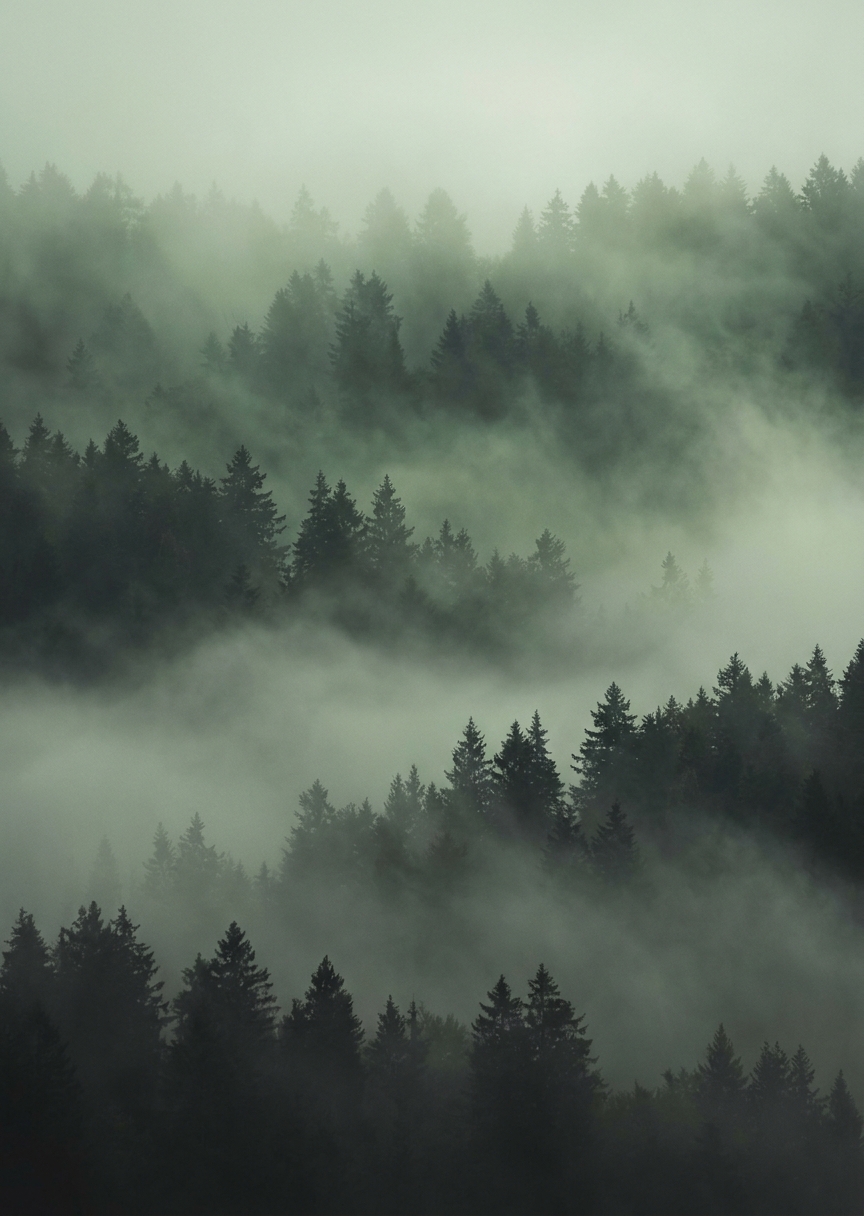 Dimmig granskog fotokonst – AI-poster