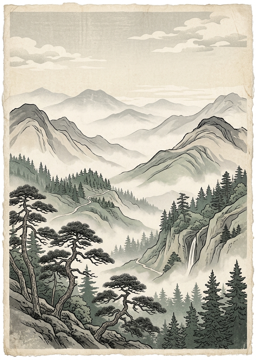 Vintagelandskap av dimmiga – AI-poster