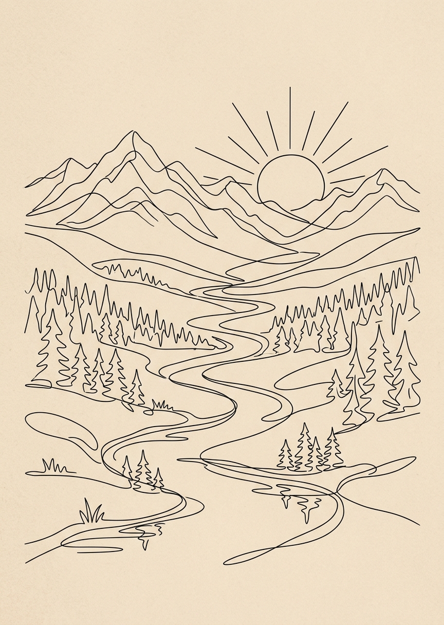Berg och sol i en linje – AI-poster
