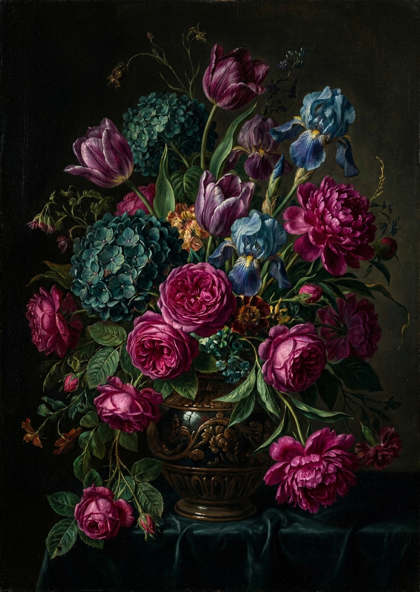 Dramatisk blomsterkonst i olja – AI-poster
