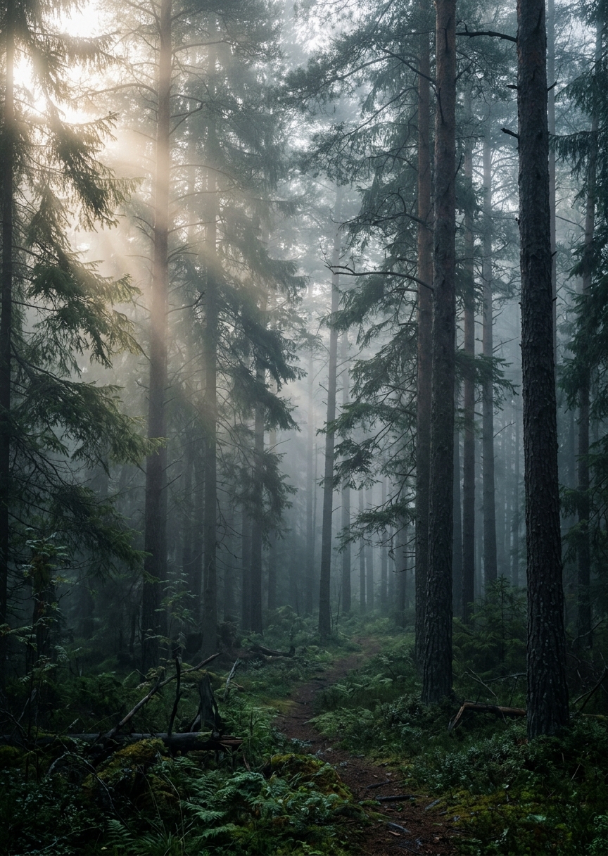 Hög bild på en tät nordisk tallskog inbäddad i tjock morgondimma där ett mjukt gryningsljus silar igenom träden.