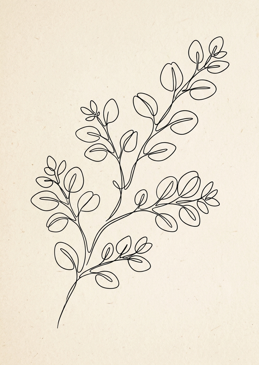 Minimalistisk line art-illustration av en delikat eukalyptuskvist med eleganta blad mot vit bakgrund.