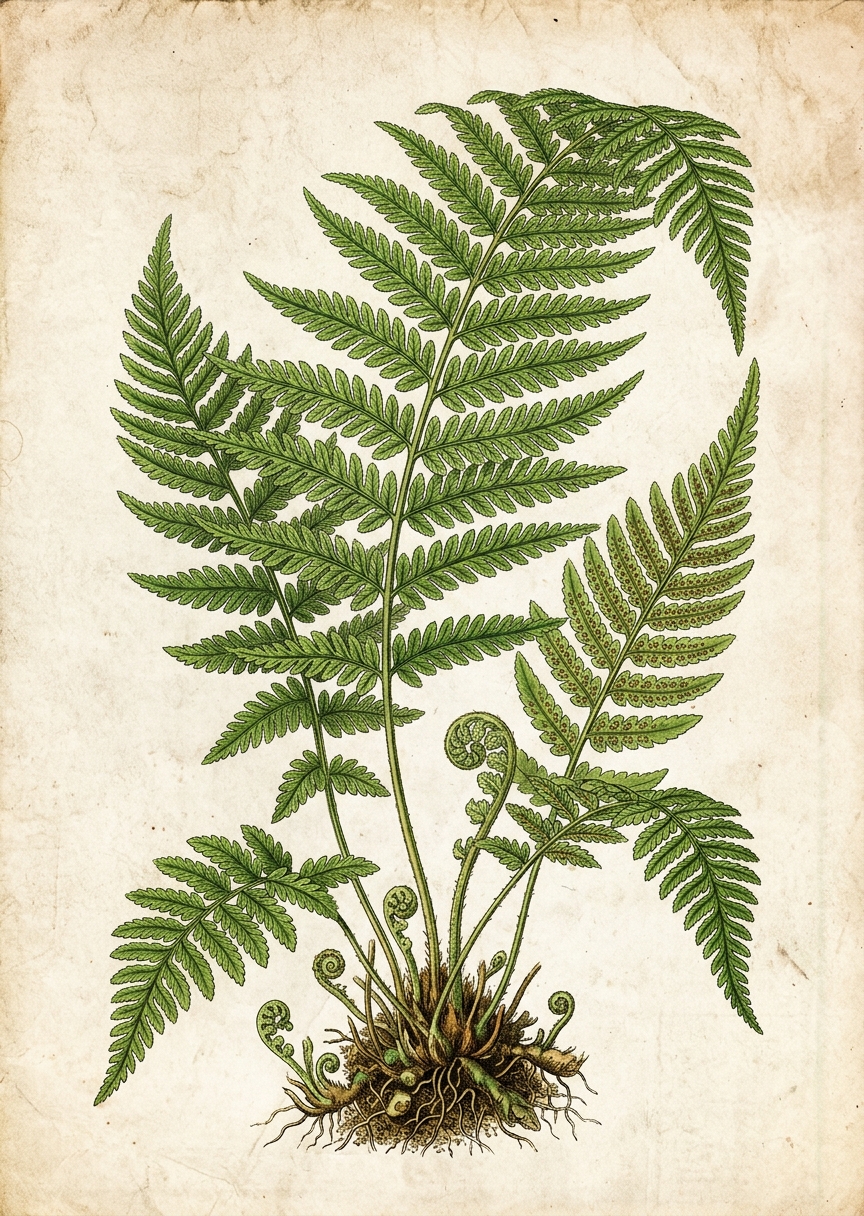 Detaljerad vintage botanisk illustration av en frodig grön ormbunke mot en ljus åldrad pappersbakgrund i stående format.
