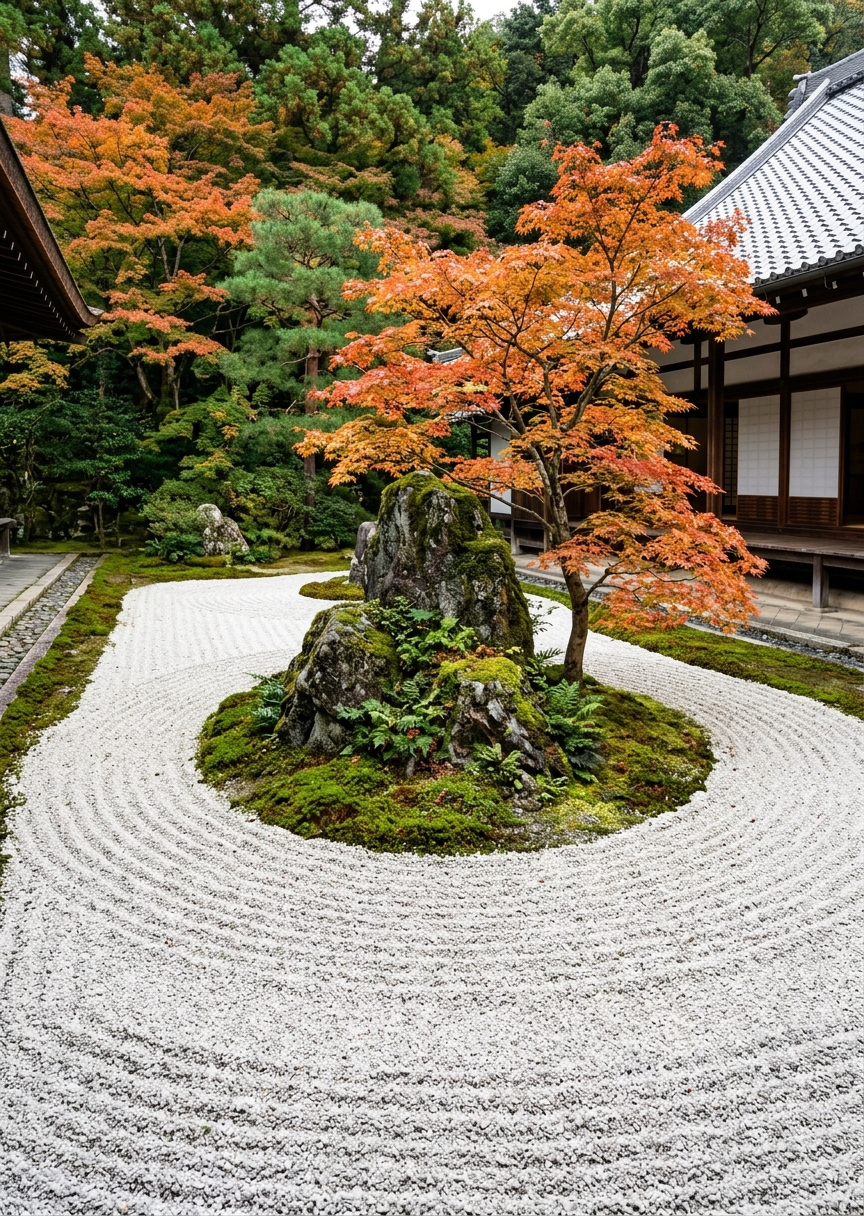 En minimalistisk bild i grå toner av en japansk zenträdgård med noggrant krattad sand i harmoniska mönster.