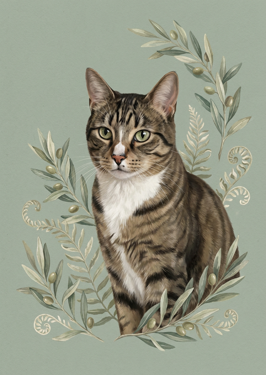 Katt bland olivkvistar och – AI-poster