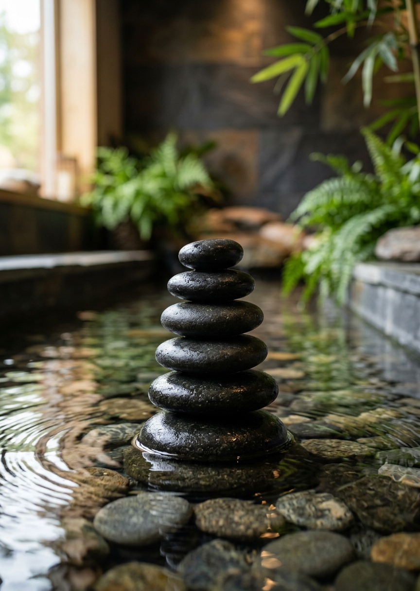 Stående bild av staplade grå zen-stenar i spegelblankt vatten som skapar en rogivande och harmonisk naturatmosfär.