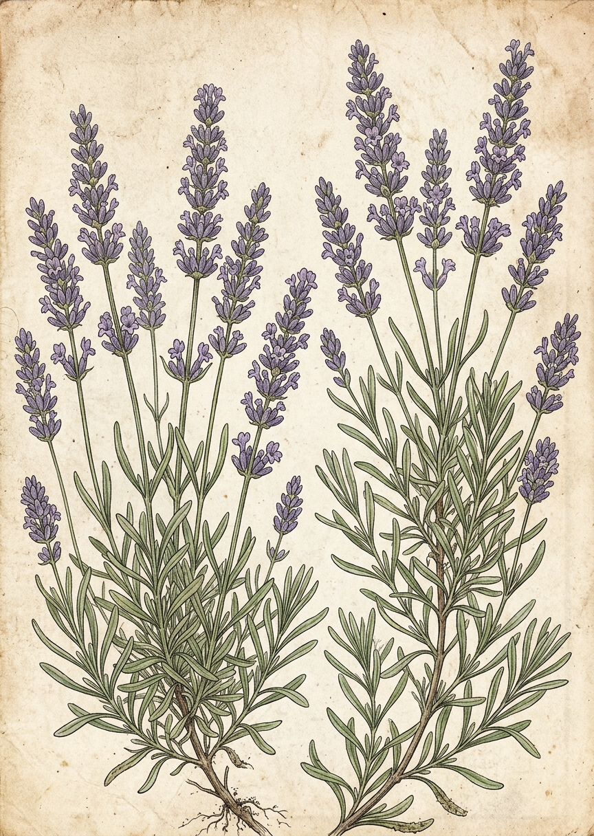 Vintage botanisk illustration av lila lavendelstjälkar med små blommor mot en ljus åldrad bakgrund i stående format.