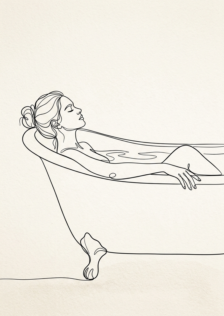 Minimalistisk svart line art illustration av en kvinna som badar i ett badkar mot ljus bakgrund