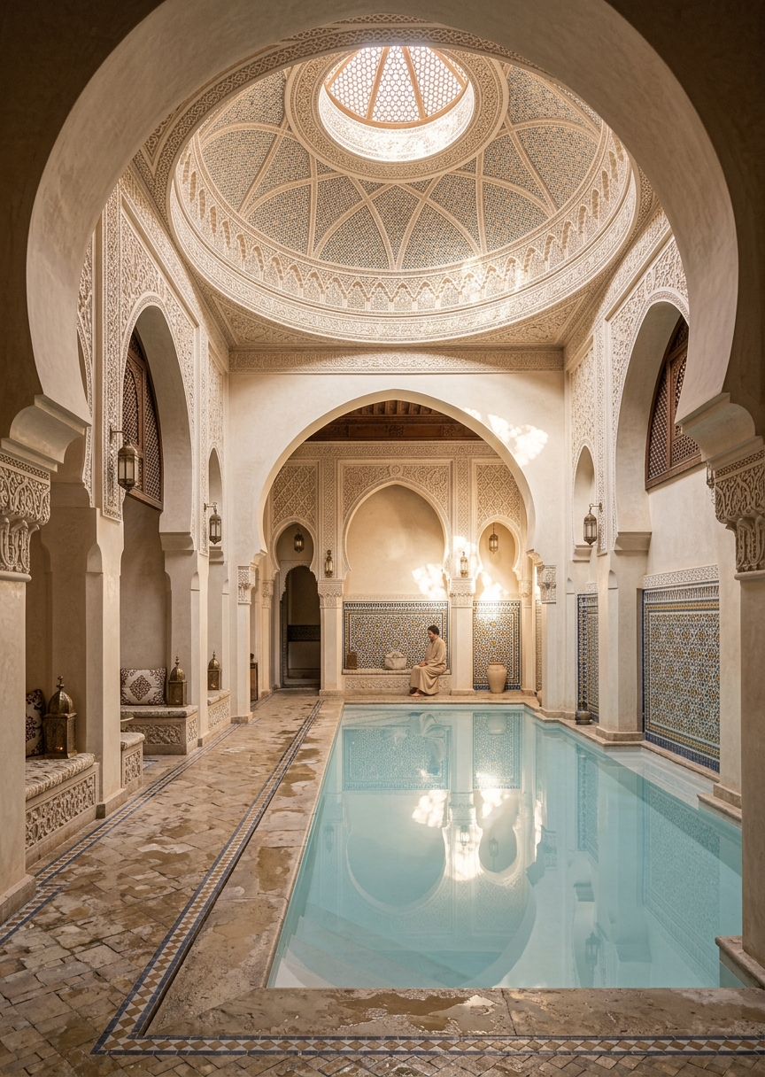 Interiör av ett traditionellt marockanskt hamam med dekorativa hästskovalv och varma bruna terrakottatoner.