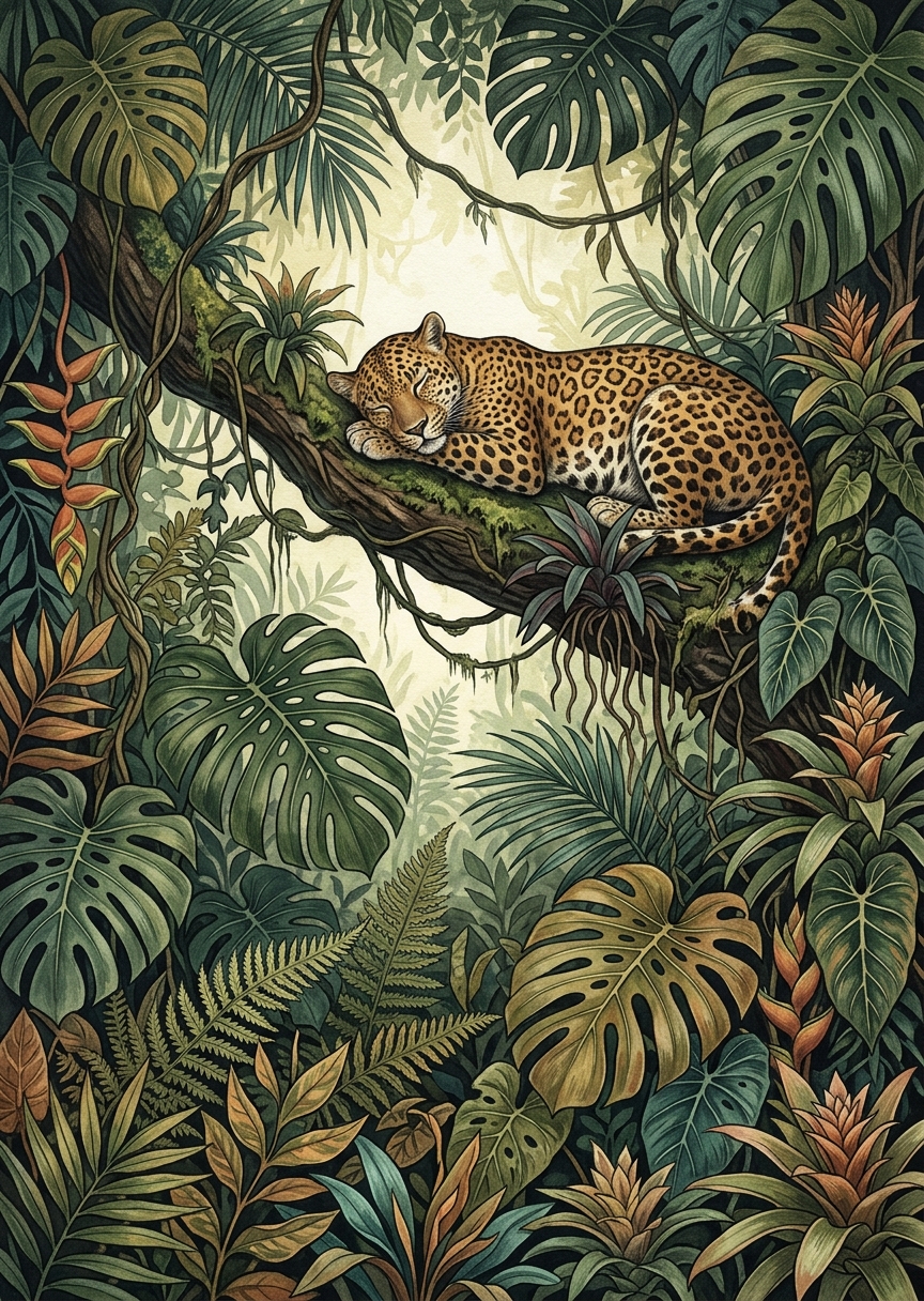 Stående konsttryck av en lummig botanisk djungel med täta gröna tropiska växter och en dold leopard som kikar fram.