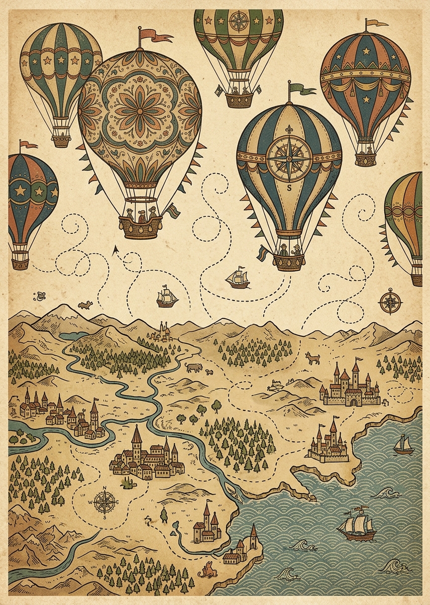 Illustration i vintagestil med flera luftballonger som flyger högt upp över en sliten antik världskarta i bruna och beige nyanser.
