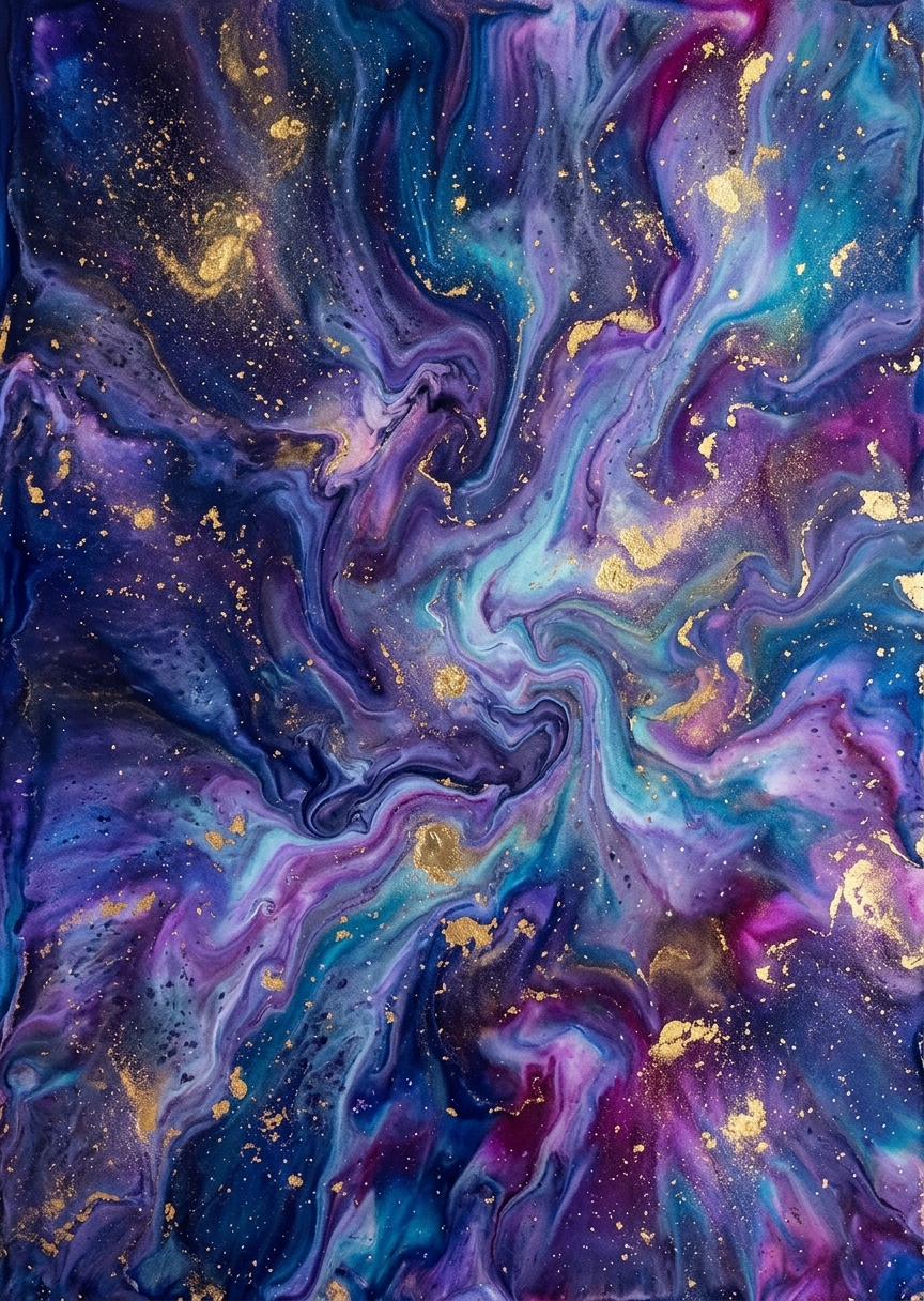 Stående abstrakt affisch med en virvlande kosmisk galax i djupblå nyanser och glödande gulddetaljer.