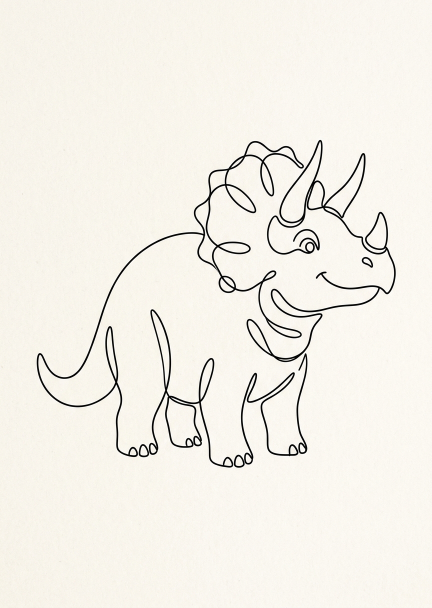 Minimalistisk svart linjekonstillustration av en förhistorisk dinosaurie mot ljus bakgrund i stående format.