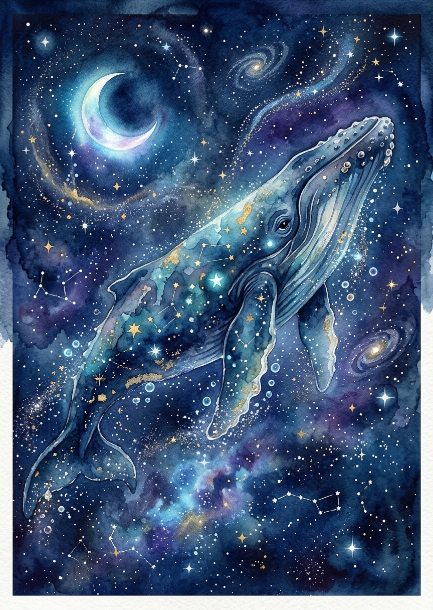 En stor blå val simmar elegant genom en magisk stjärnhimmel med glittrande galaxer i akvarellstil.