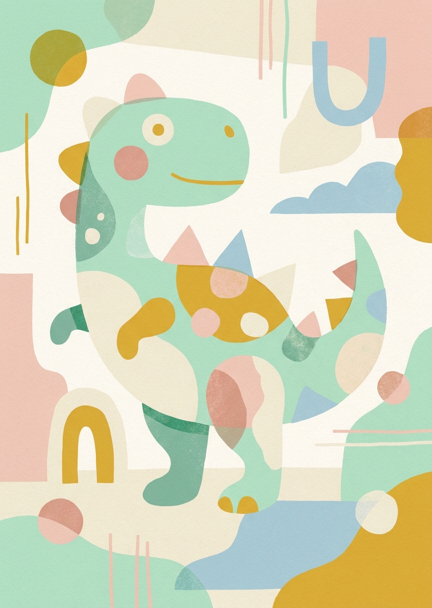 Stående konsttryck med en abstrakt rosa pastellfärgad dinosaurieillustration anpassad för barnrum.