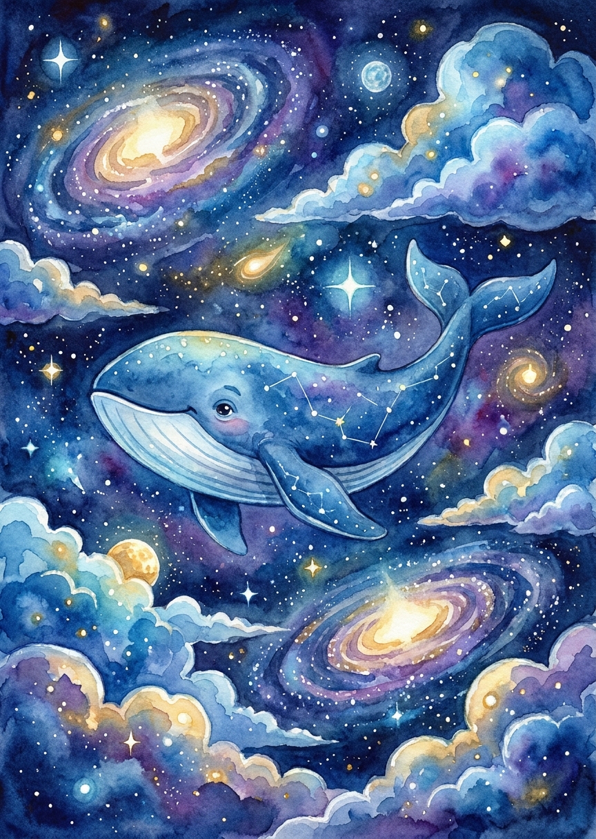 En stor blå val simmar majestätiskt genom en magisk stjärnhimmel fylld av tindrande stjärnor och avlägsna galaxer.