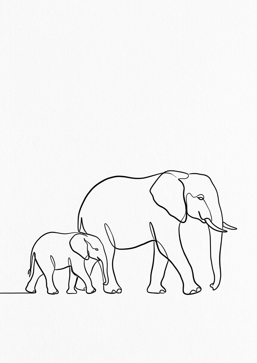Minimalistisk svart linjekonst-illustration av en elefantfamilj som vandrar tillsammans på vit bakgrund.
