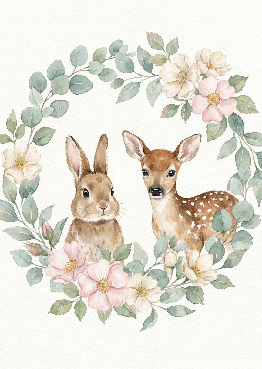 Stående illustration i gröna toner av söta skogsdjur prydda med detaljerade blomsterkransar på ljus bakgrund.
