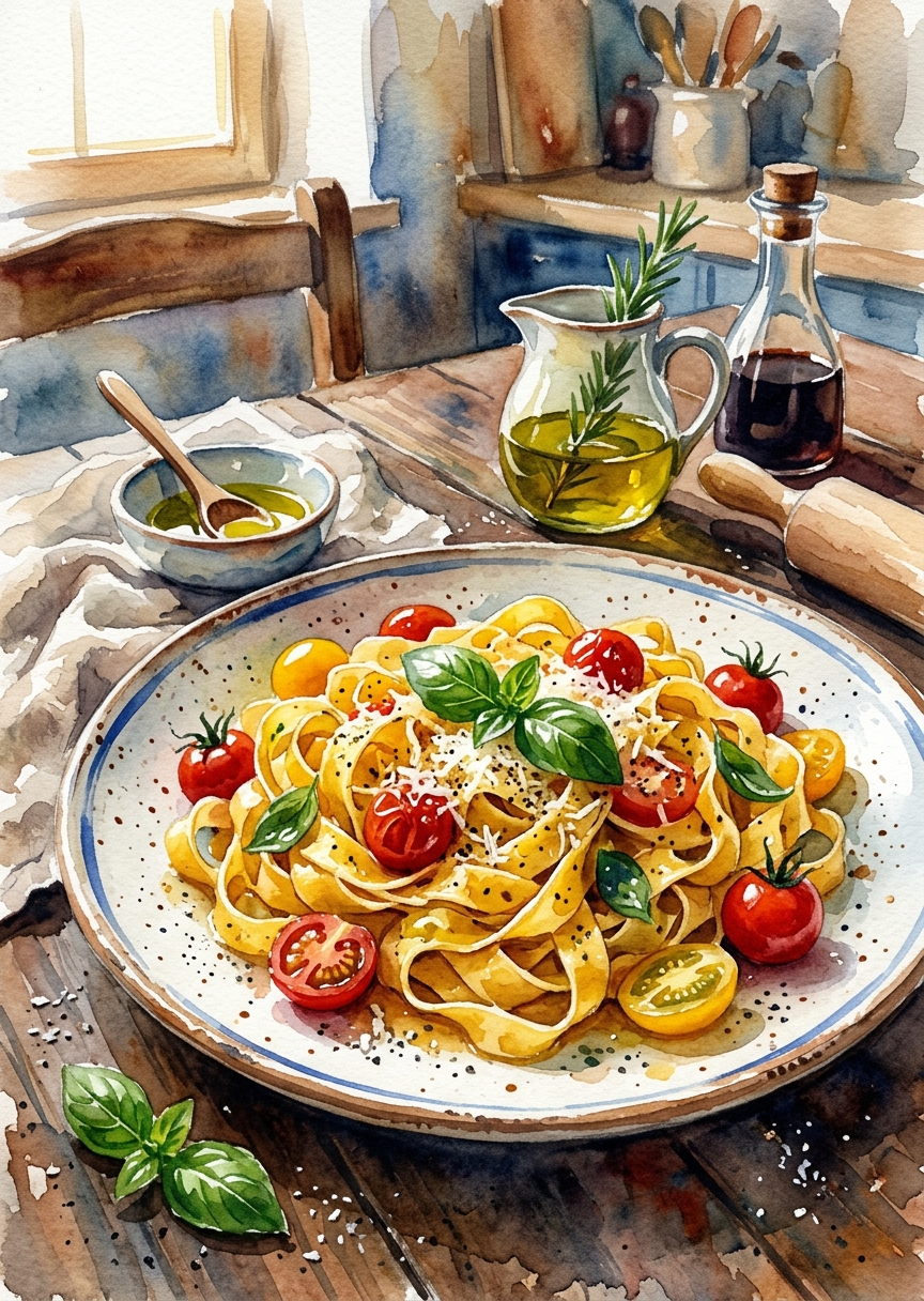 Akvarell av färsk pasta och – AI-poster
