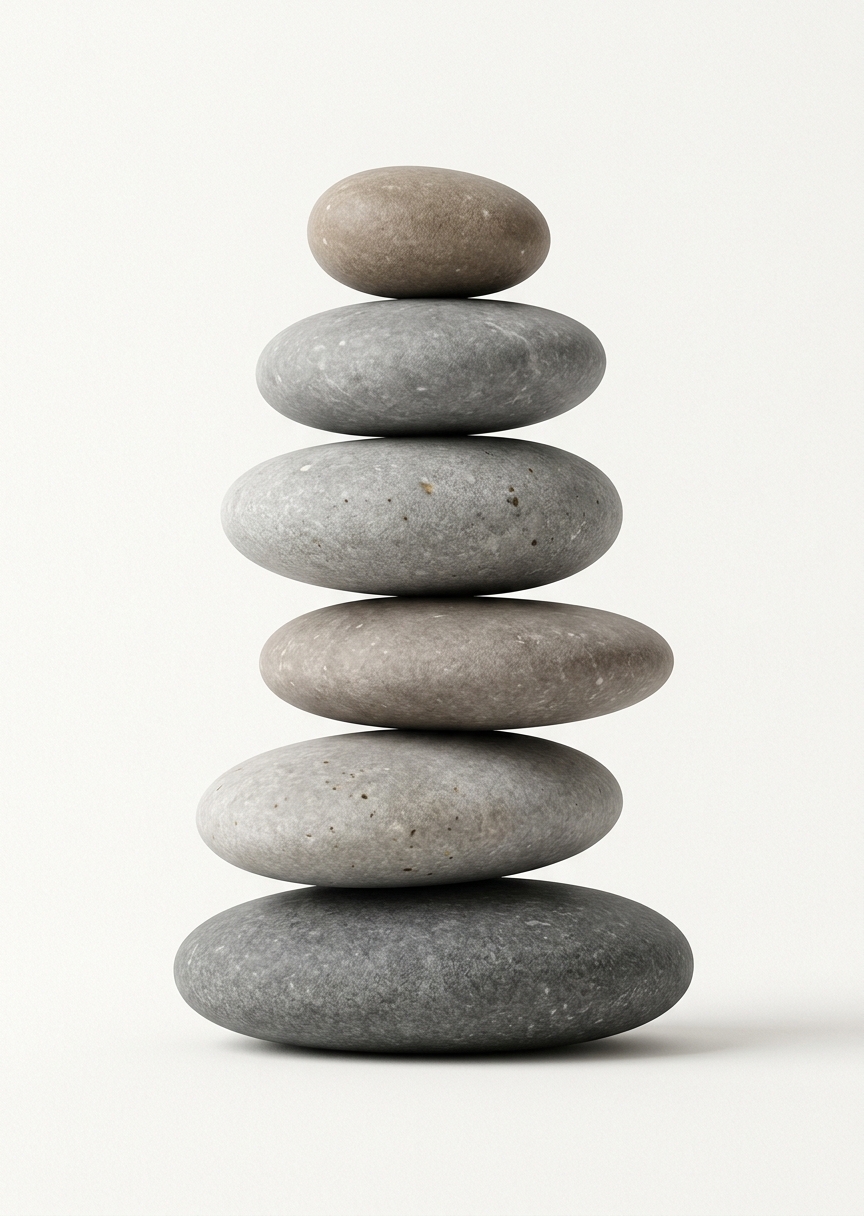 Stående minimalistiskt konsttryck som visar staplade balansstenar i rogivande nyanser av grått och mullvad mot en ljus bakgrund.