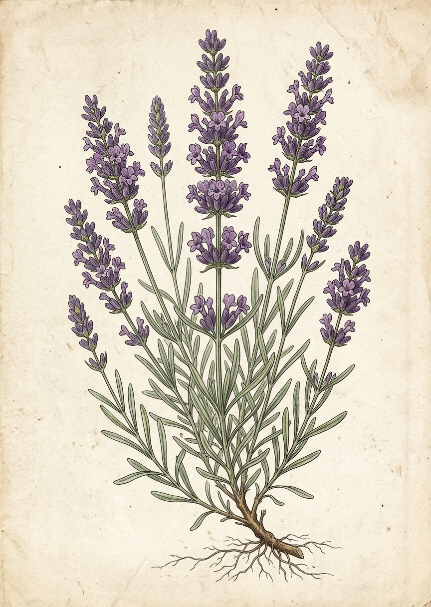 Detaljerad vintage botanisk illustration av lila lavendelblommor och gröna stjälkar på ljus bakgrund.