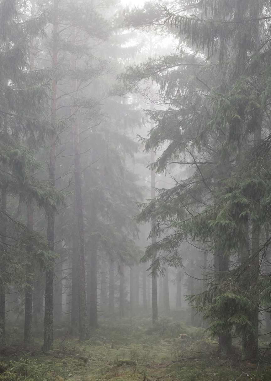 Ett rogivande stående skogslandskap insvept i tidig morgondimma med höga barrträd i dämpade gröna och mjuka naturliga nyanser.