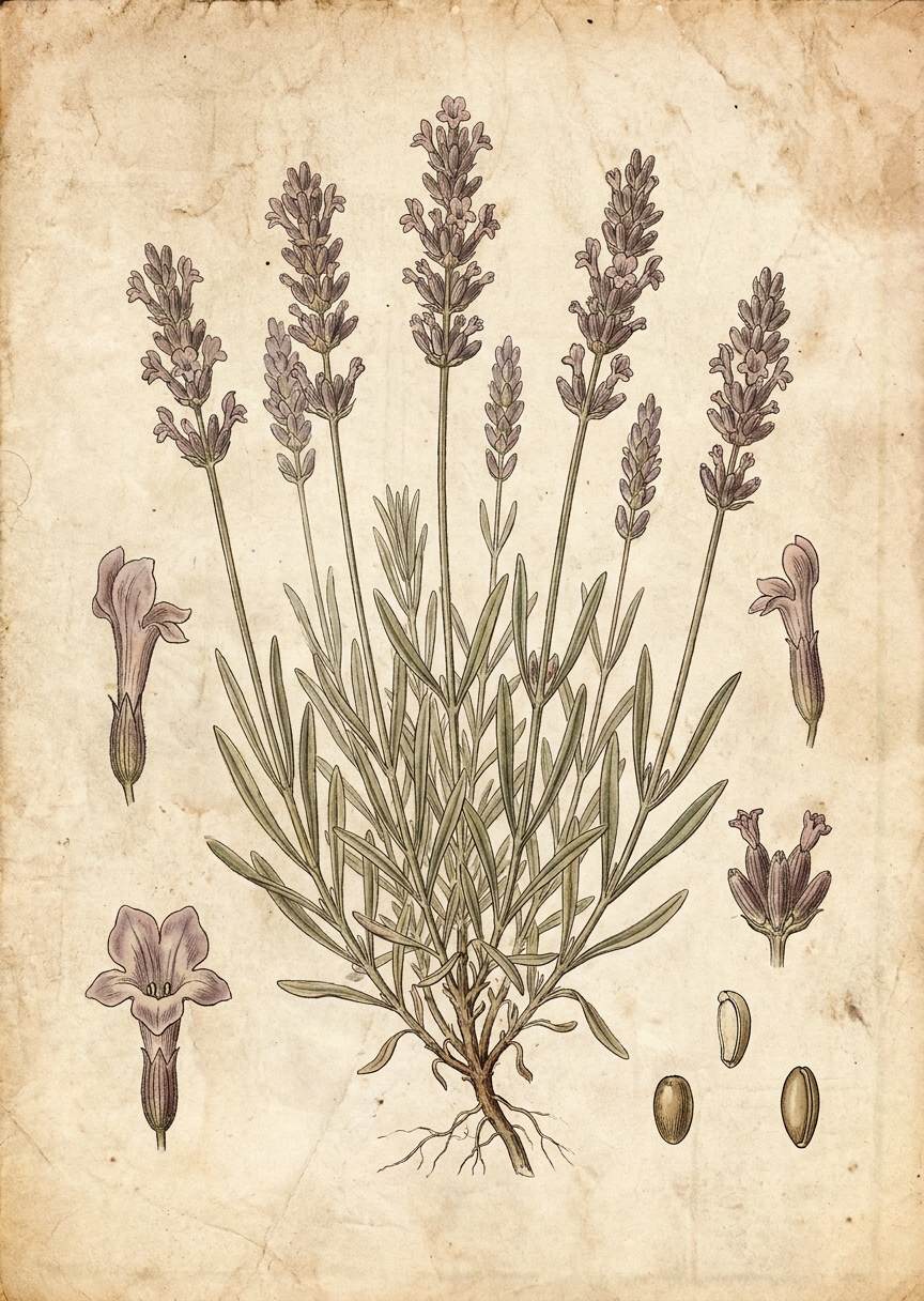 Vintage botanisk illustration av en lavendelkvist med mjuka lila blommor och dämpade gröna stjälkar på åldrat papper.