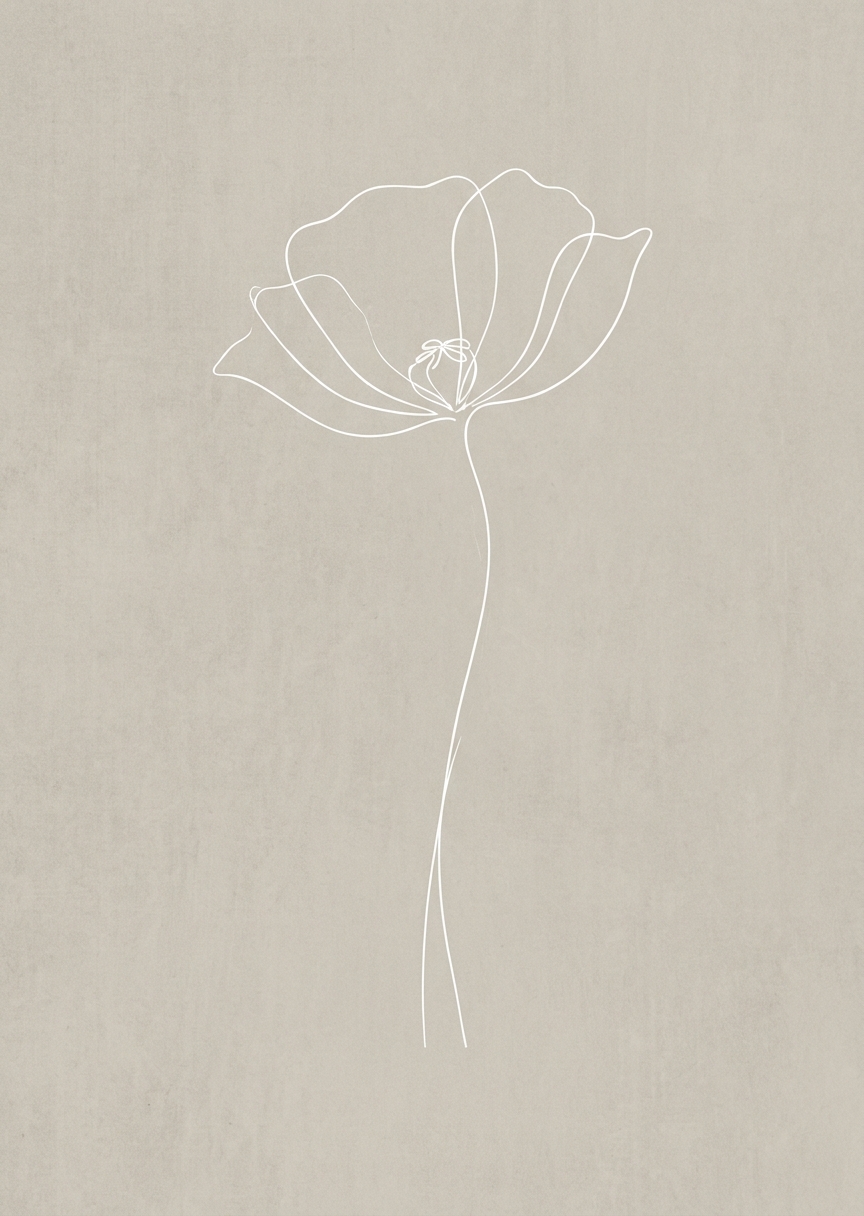 Enkel illustration av en ängsblomma i minimalistisk stil mot en vit bakgrund med mjuka nordiska linjer.