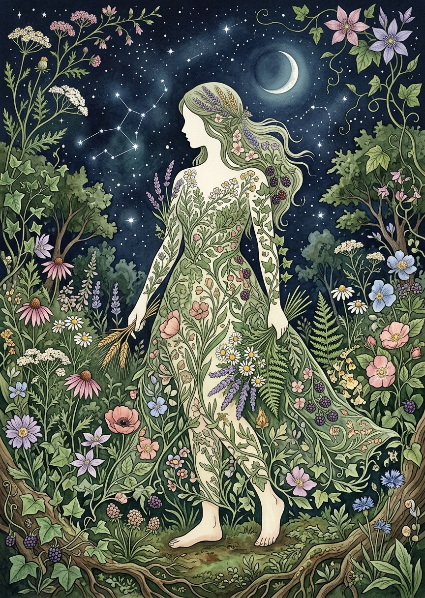Botanisk Jungfru under månen – AI-poster