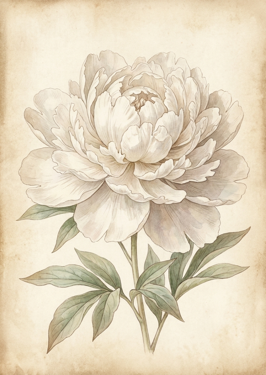 Vintage botanisk illustration av en jättestor vit pionblomma med detaljerade kronblad i stående format.