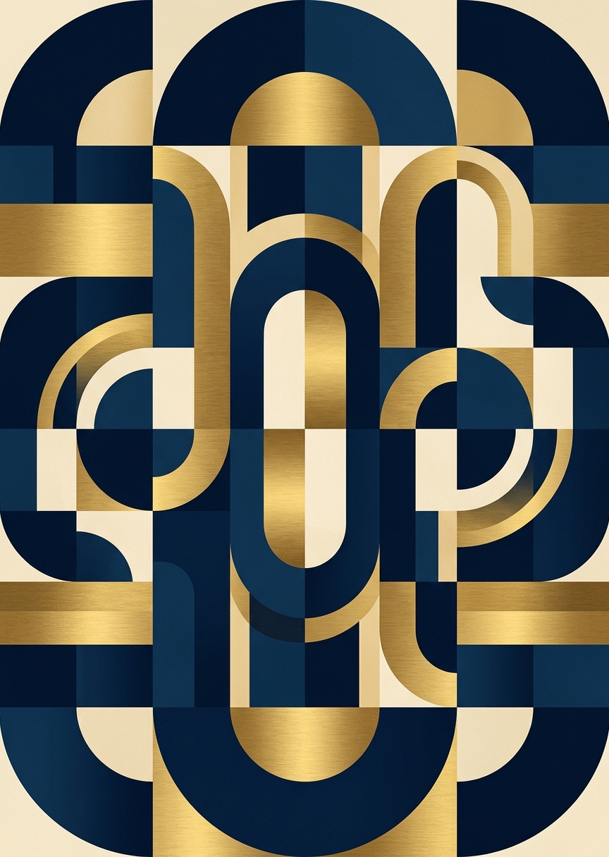 Abstrakt stående poster med geometriska former i mörkblå nyanser och skinande guldfärgade detaljer.