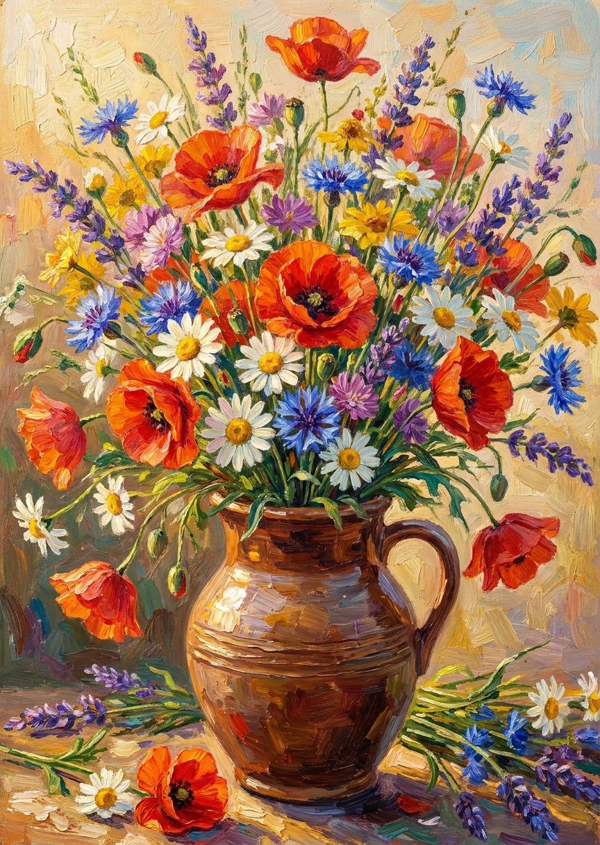 Oljemålning med ängsblommor – AI-poster