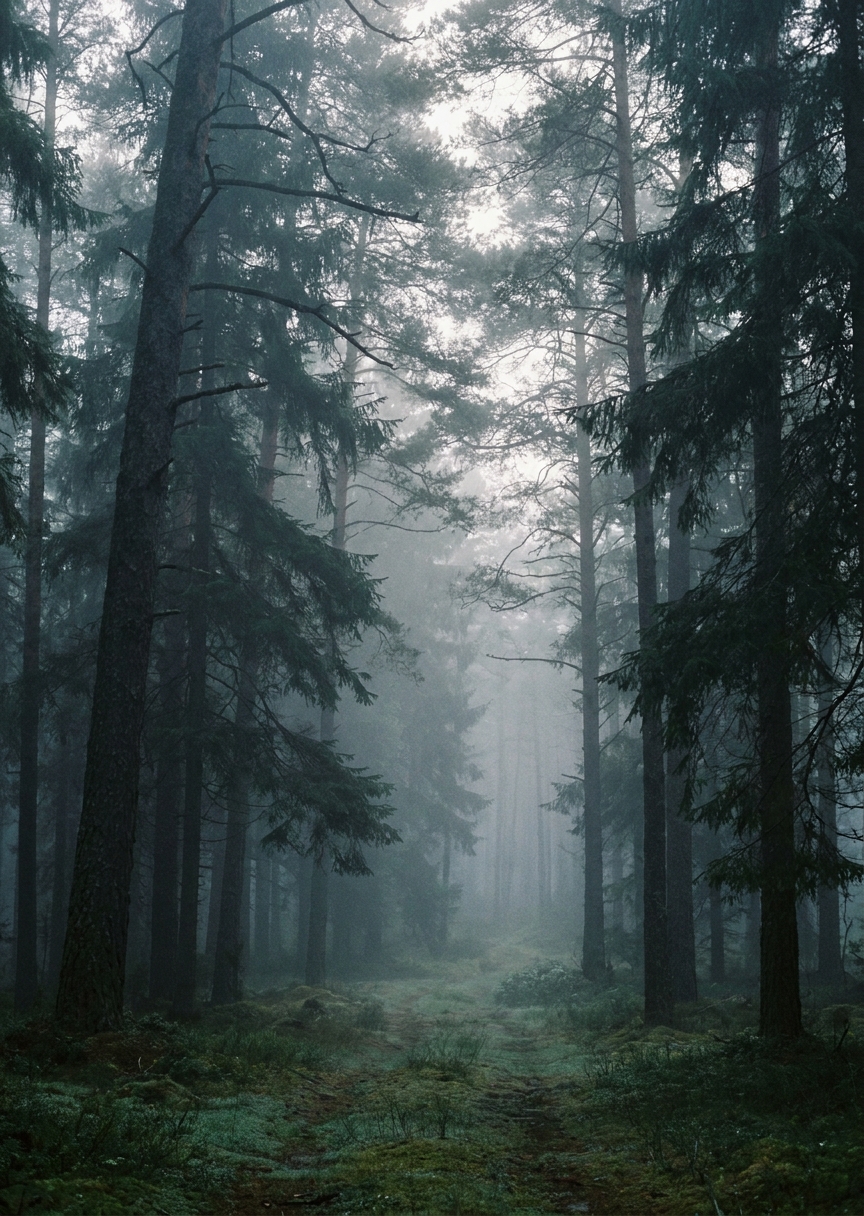Dimmig granskog – AI-poster