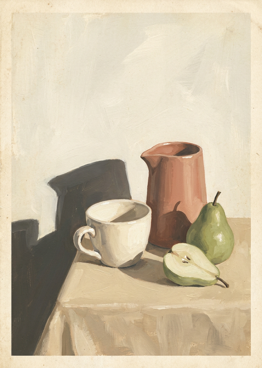Kaffekopp, kanna och päron – AI-poster
