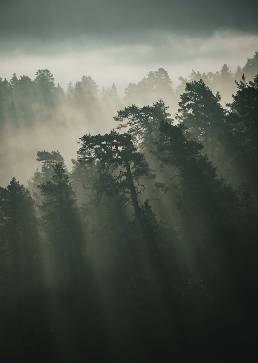 Dimmig tallskog landskap – AI-poster