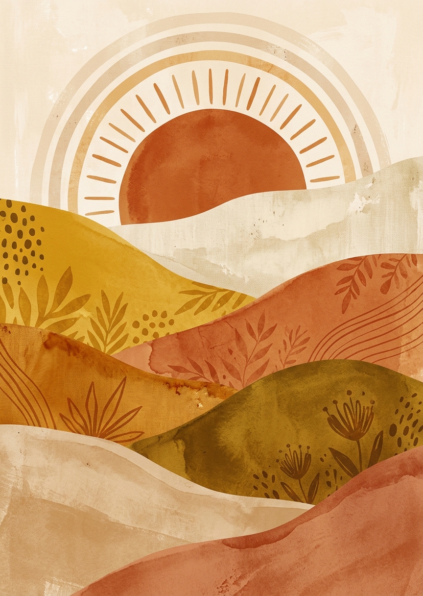 Abstrakt boho landskap poster med mjukt rundade kullar och en varm sol i bruna och beigea jordtoner