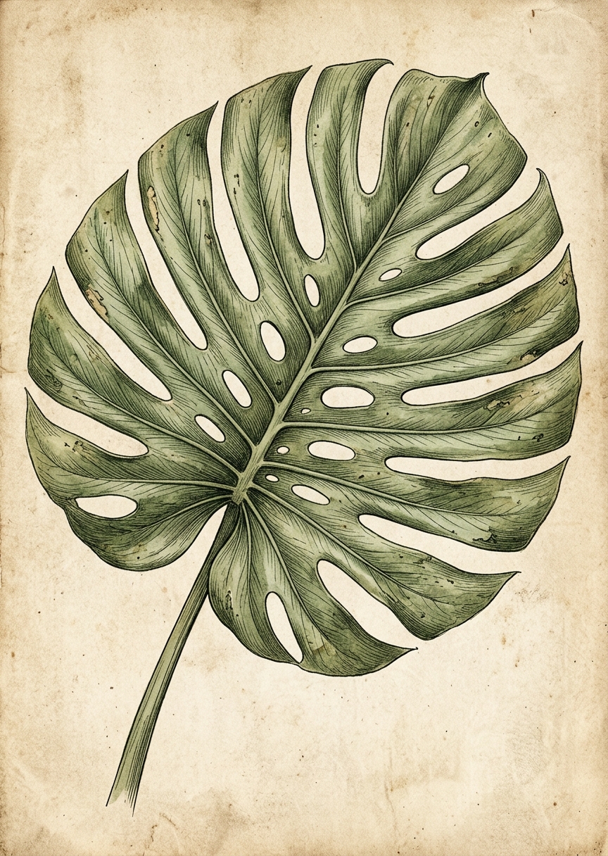 Vintage botanisk illustration av en grön monsteraväxt med detaljerade tropiska blad i stående format