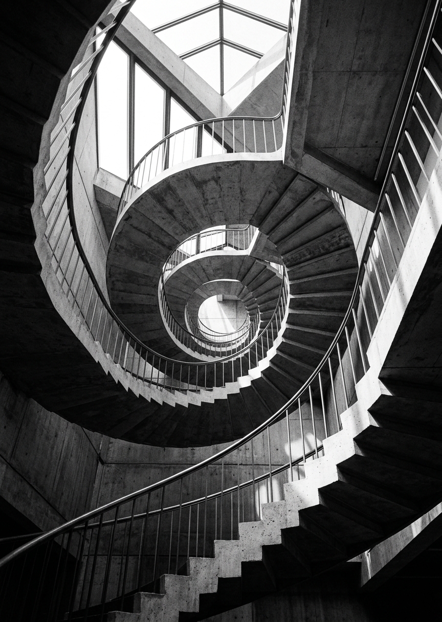 Svartvitt arkitekturfotografi av en dramatisk geometrisk spiraltrappa sedd underifrån mot ett högt tak.
