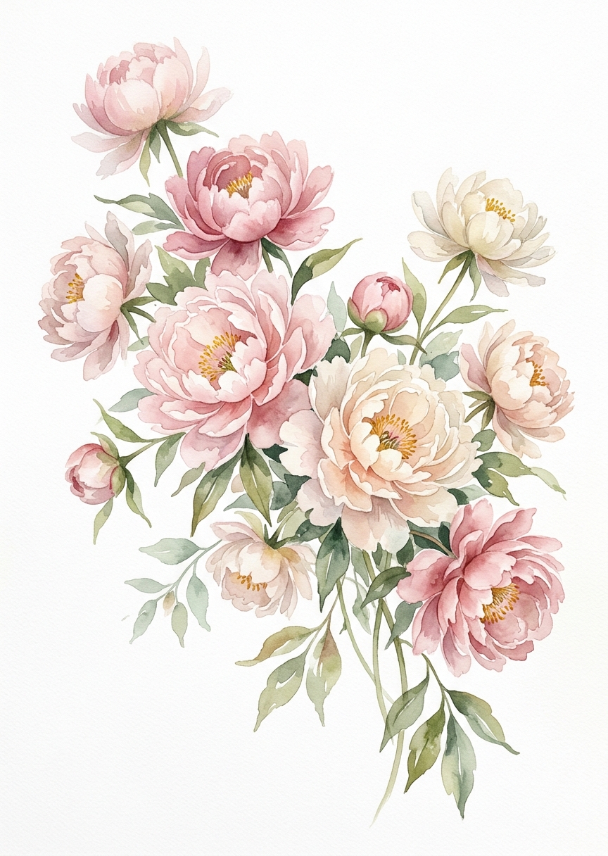 Stående akvarellmålning av skira puderrosa pionblommor med mjuka gröna stjälkar och en drömsk ljus blomsterbakgrund